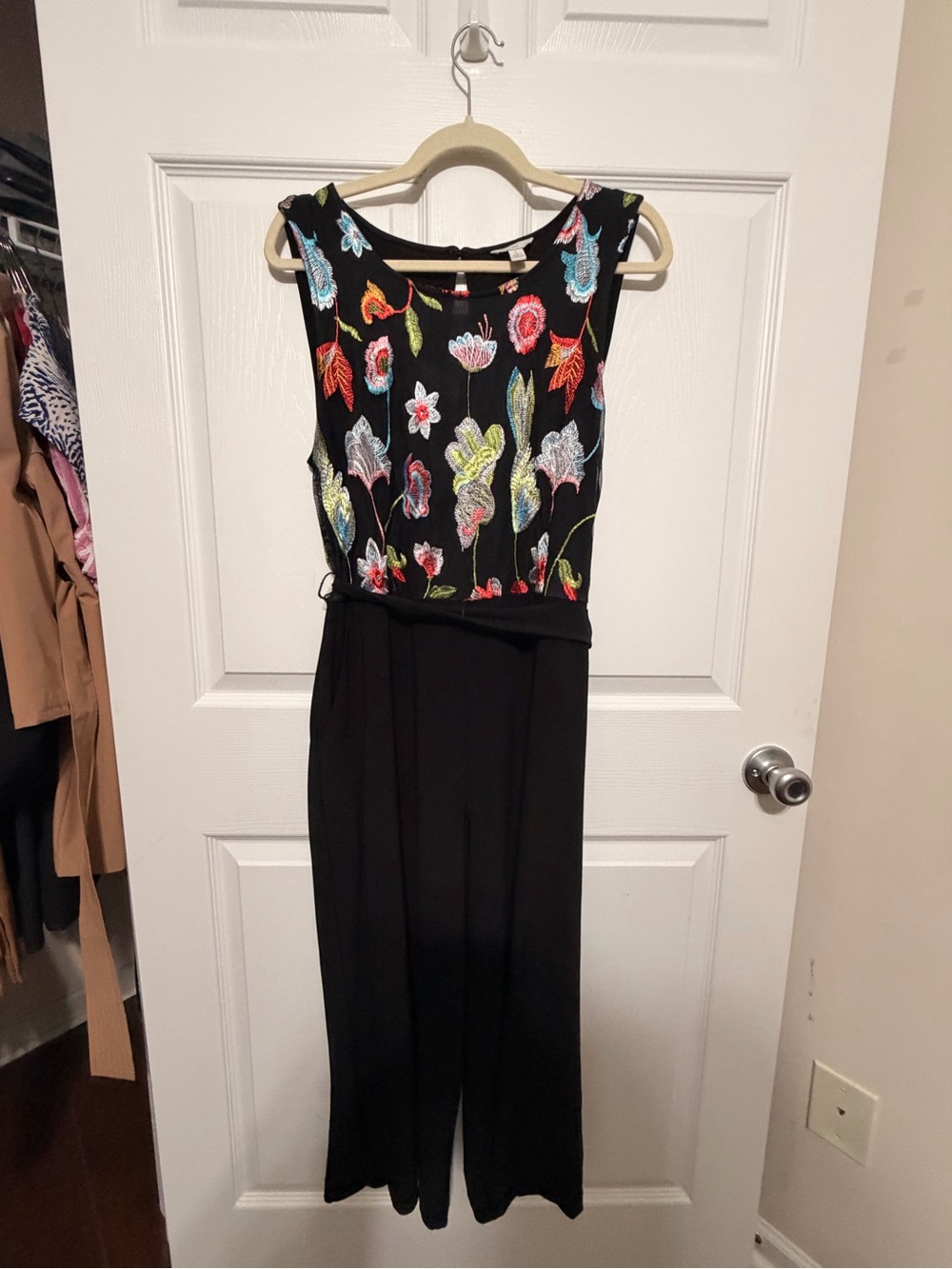 Sleeveless Black Jumpsuit with Multicolor Floral Embroidery